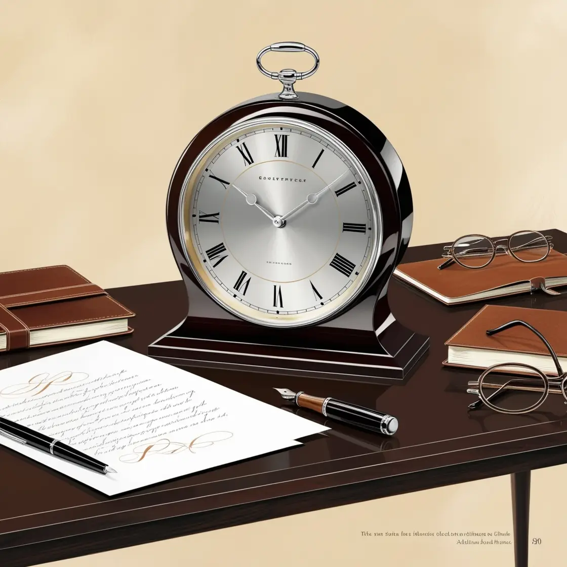 A modern, sleek desk design with a polished clock